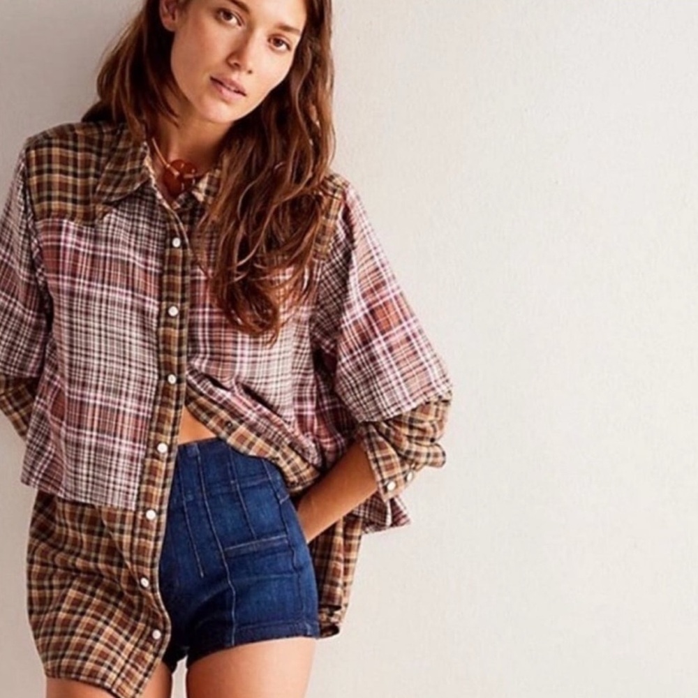 NEW Free People Layer it Up Plaid Flannel Snap Down Top Medium - Picture 2 of 10